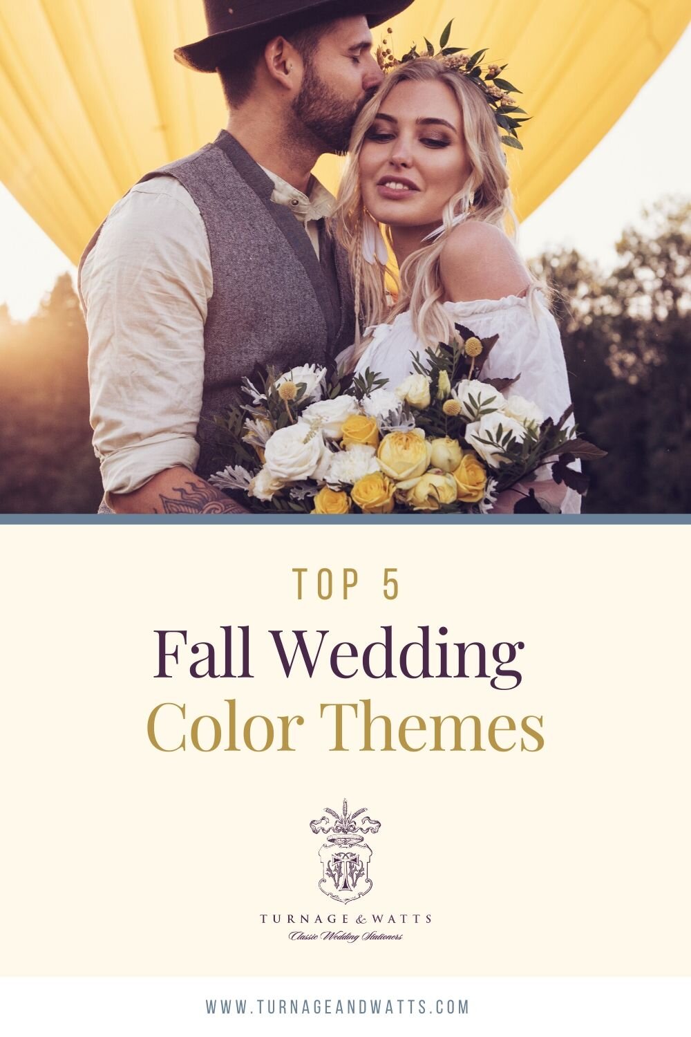 Young engaged couple with yellow fall flowers in front of a yellow balloon.