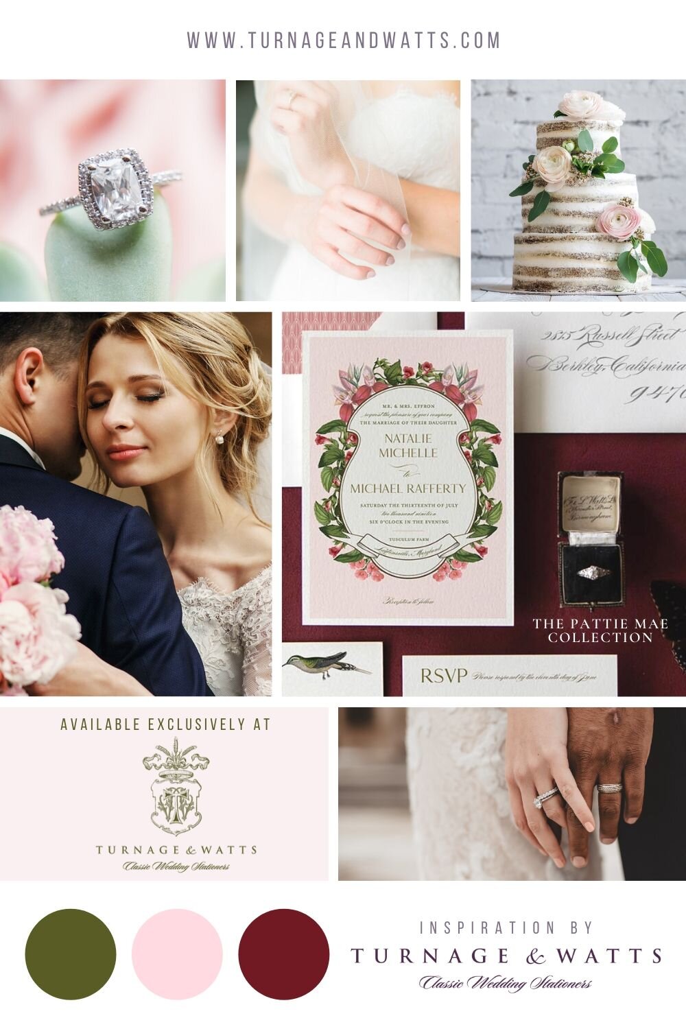 Young bride embracing groom with pink flowers. Pink and green wedding stationery color theme.
