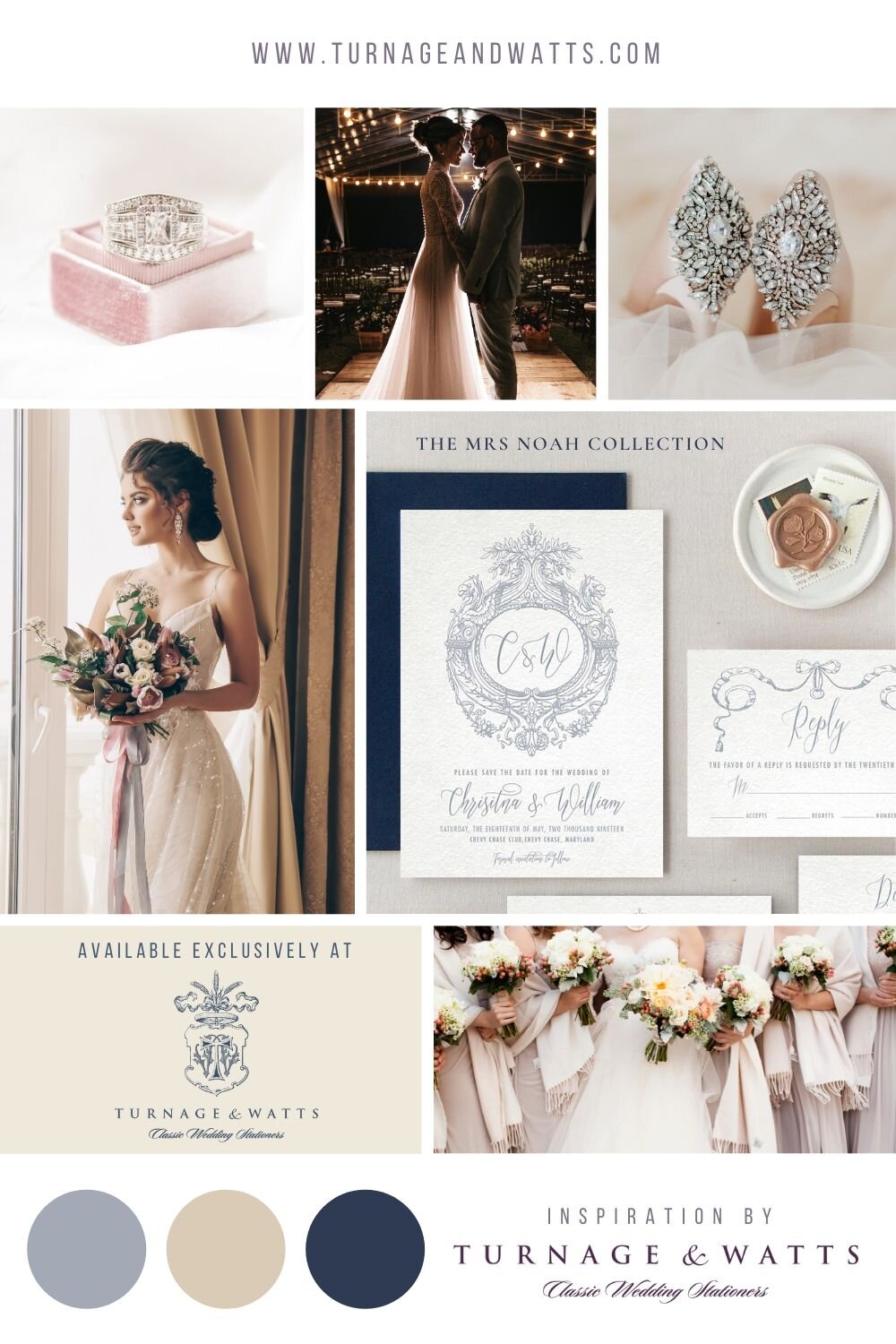 Young elegant bride holding flowers. Blue letterpress wedding stationery color theme.