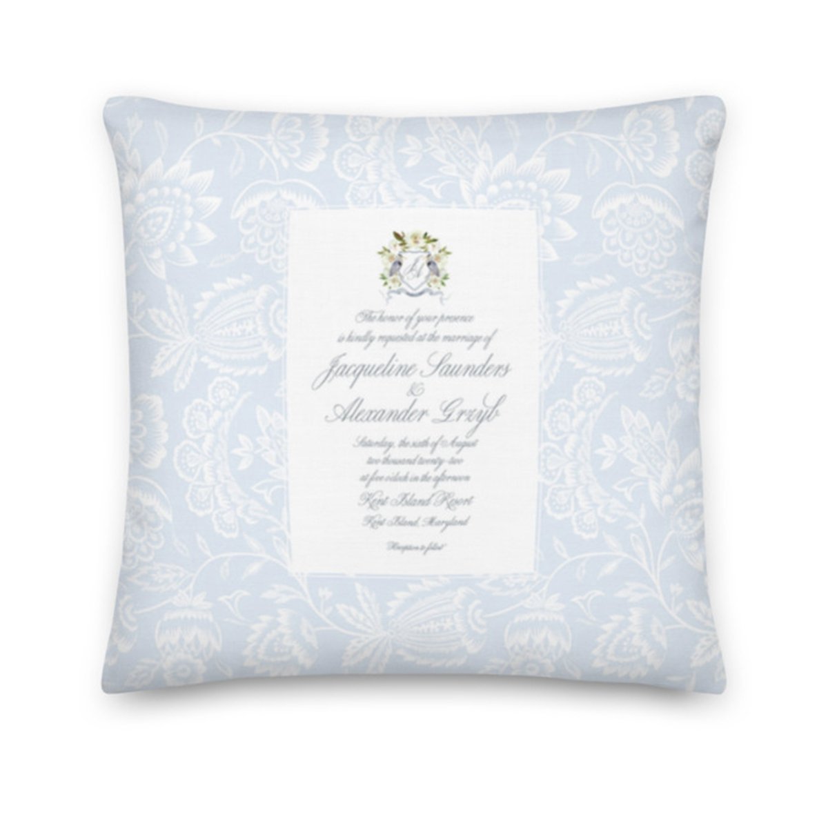 Pillow printed with wedding invitation design