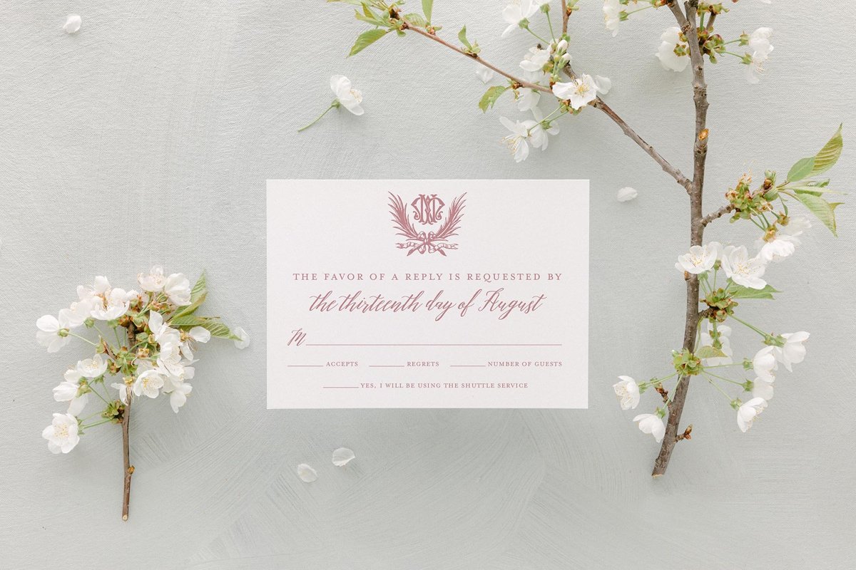 RSVP card with a custom wedding crest from Turnage and Watts