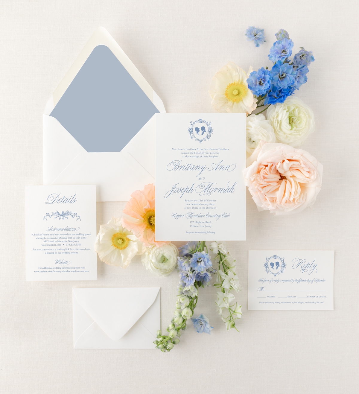 Blue and white elegant fall wedding invitation