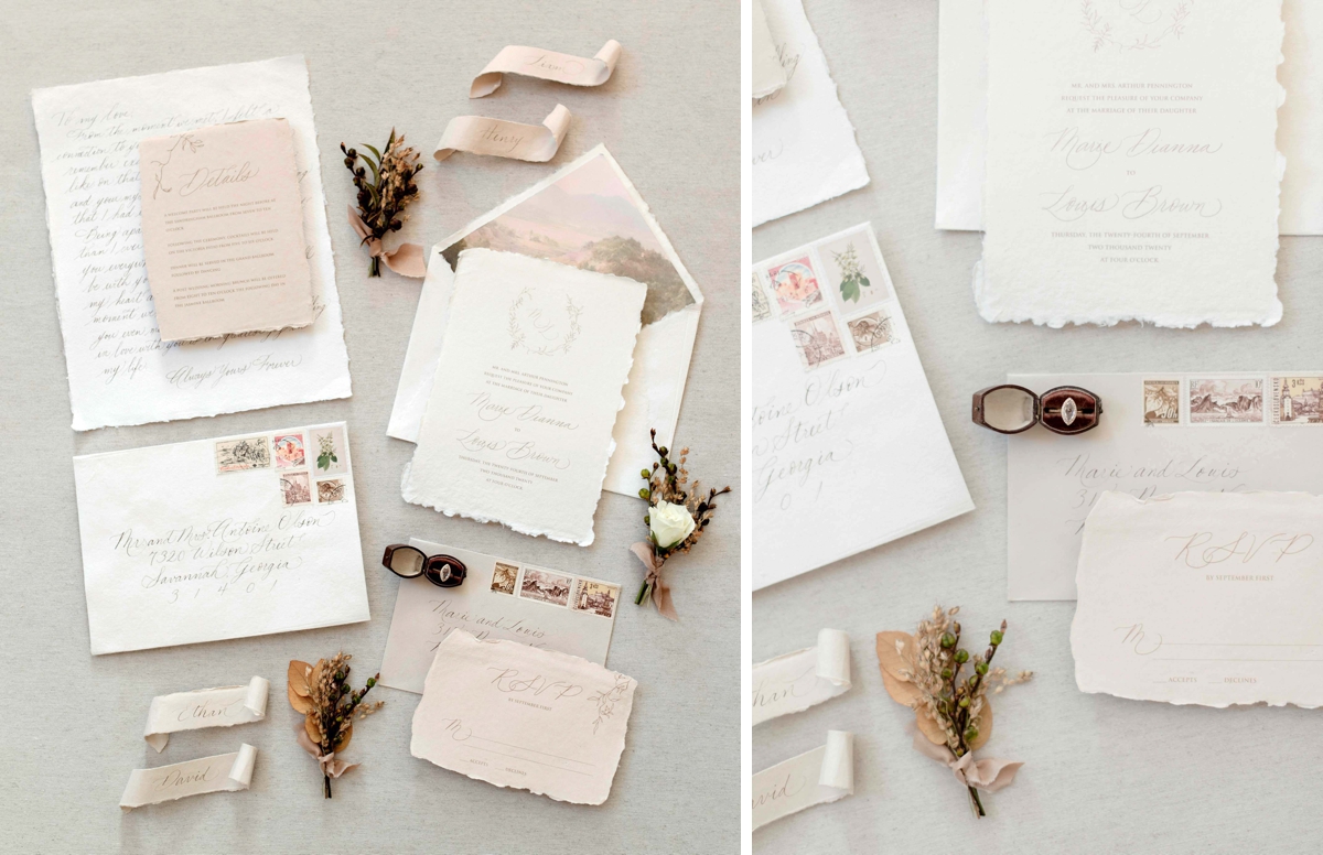 Blush and taupe vintage-inspired wedding invitation suite
