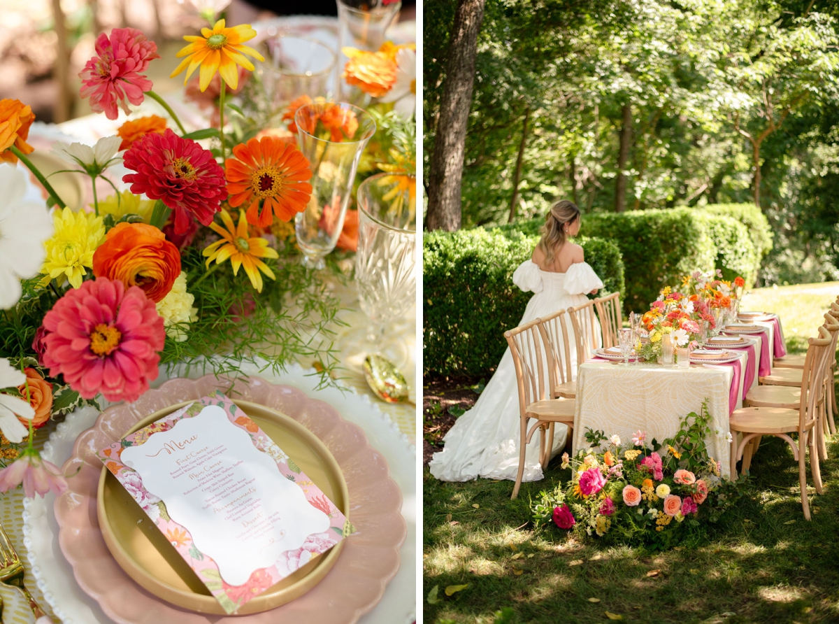 Bride standing next to an outdoor table for a citrus soiree-inspired styled wedding shoot