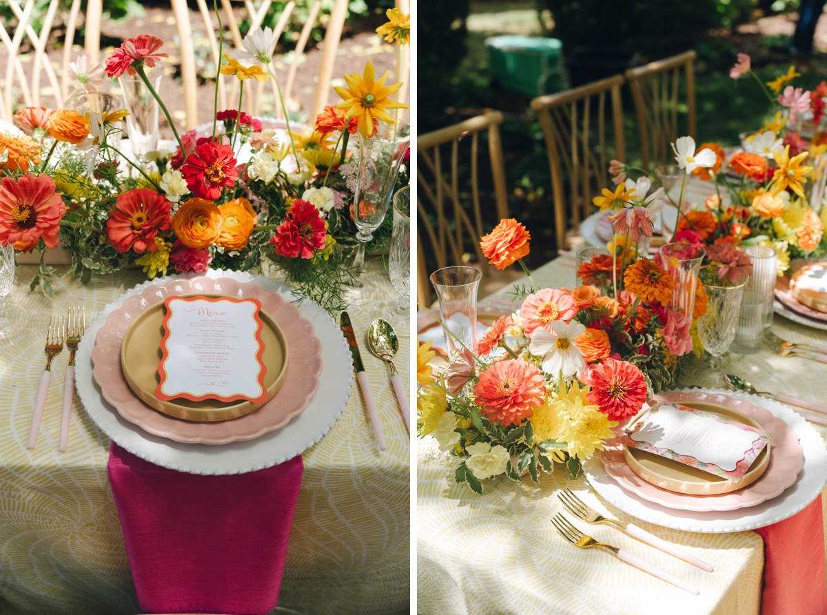 Wavy die-cut floral wedding menu cards by Turnage and Watts