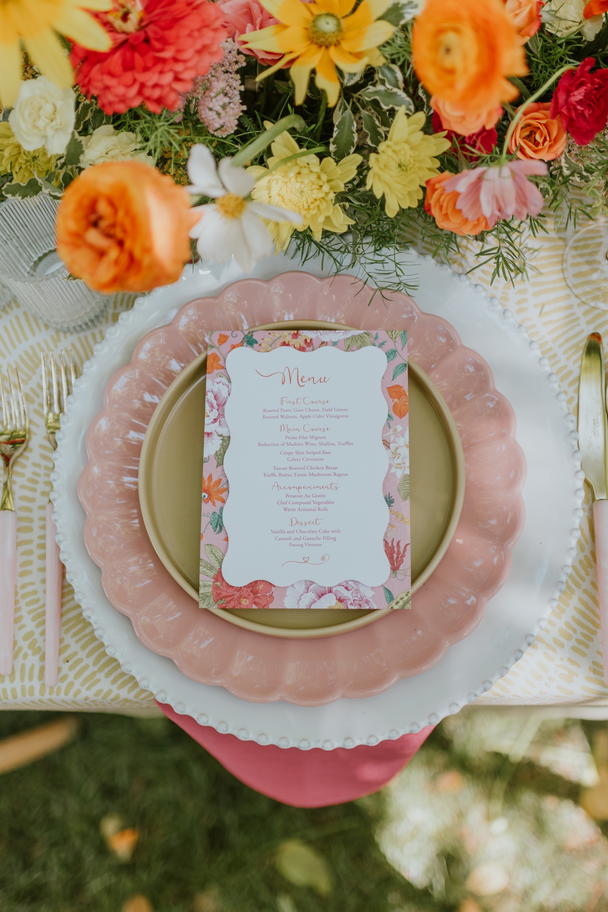 Wavy die-cut floral wedding menu cards by Turnage and Watts