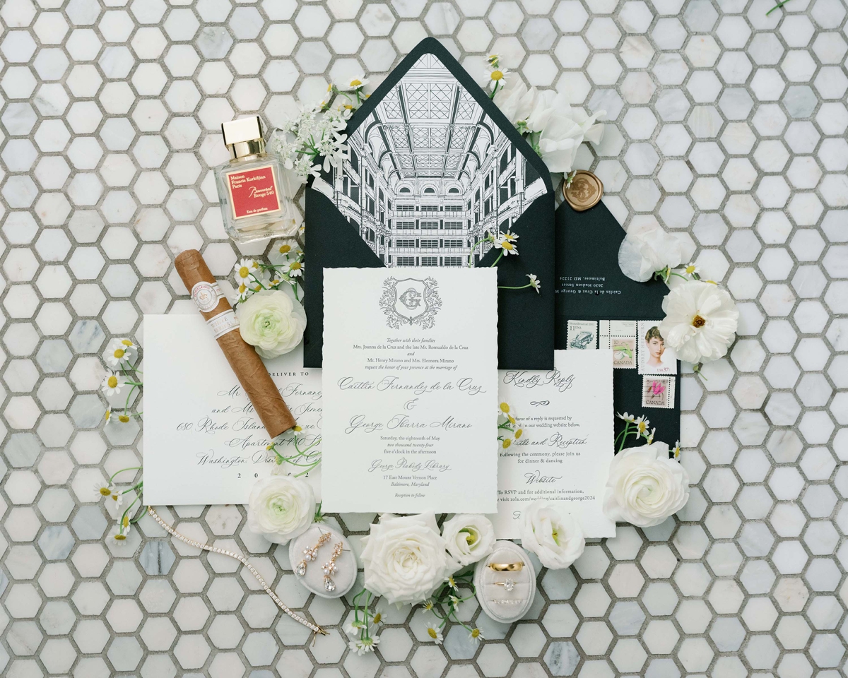 Flat lay of the Miss Louise Semi-Custom Wedding Invitation Suite by Turnage and Watts