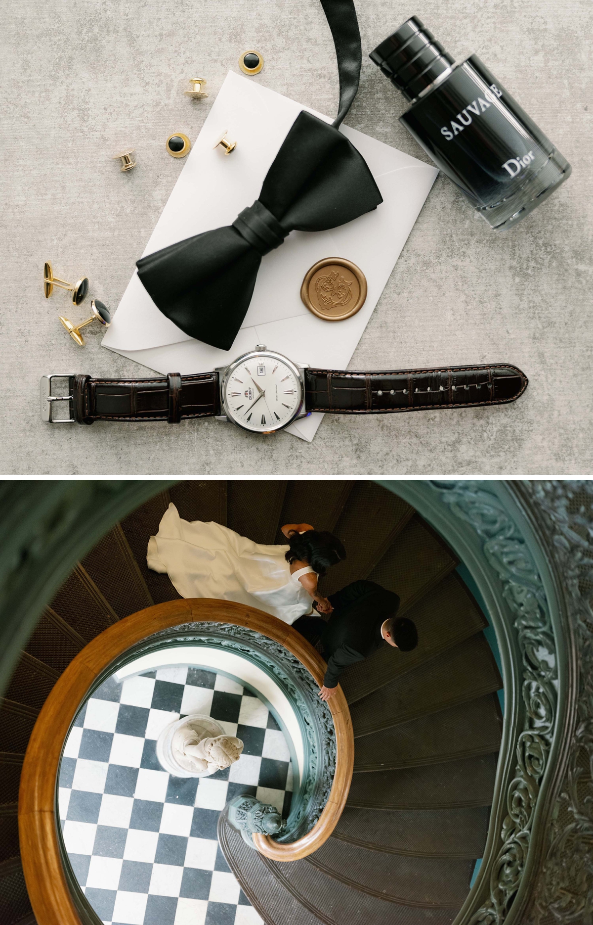 Groom's details flat lay of a black bow tie, leather watch, and Sauvage by Dior cologne