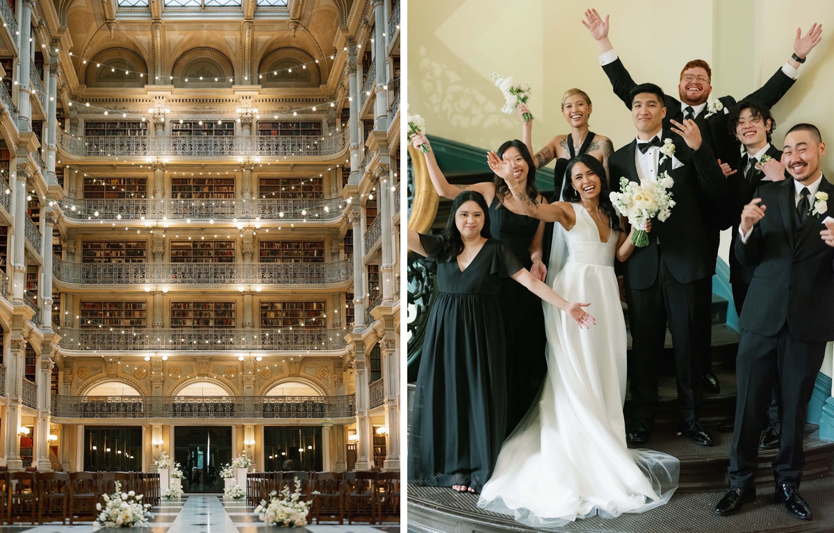 Bridal party portraits at the George Peabody Library