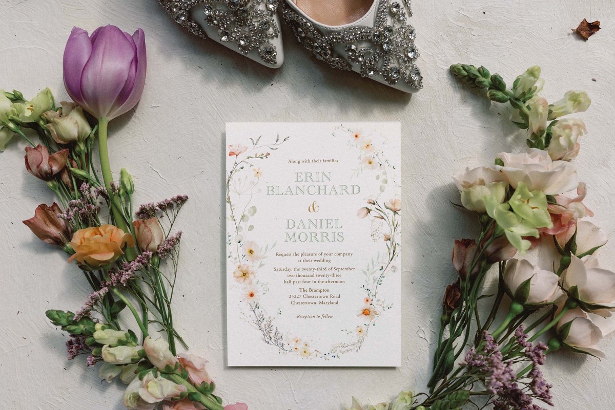 Stationery flatlay featuring the Watercolor Wildflower Collection by Turnage + Watts