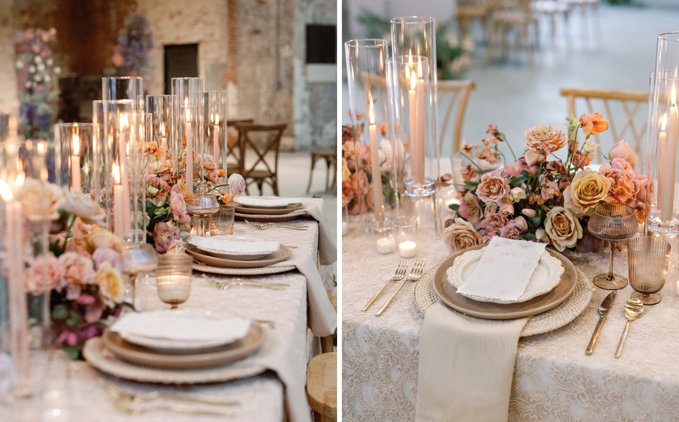 Wedding place setting with a deckled-edge menu card on an antique ivory scalloped charger plate