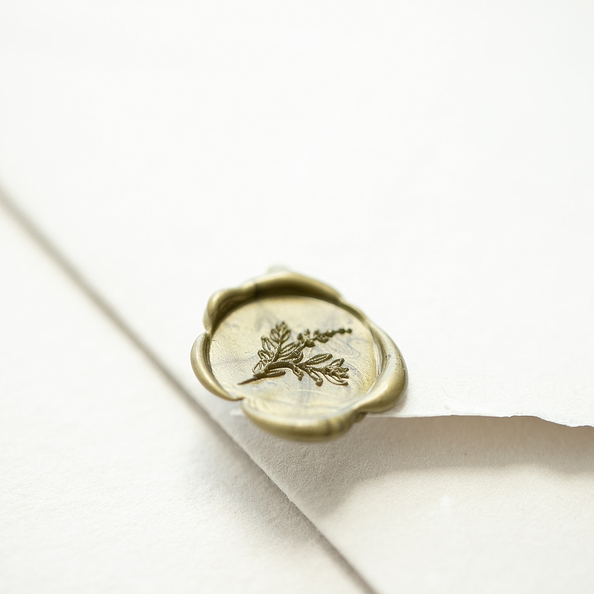 Close up photo of a wax seal on a wedding envelope