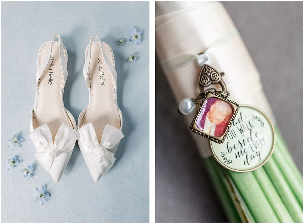 Detail shots of a brides shoes and wedding bouquet at the Upper Montclair Country Club in Clifton, NJ 