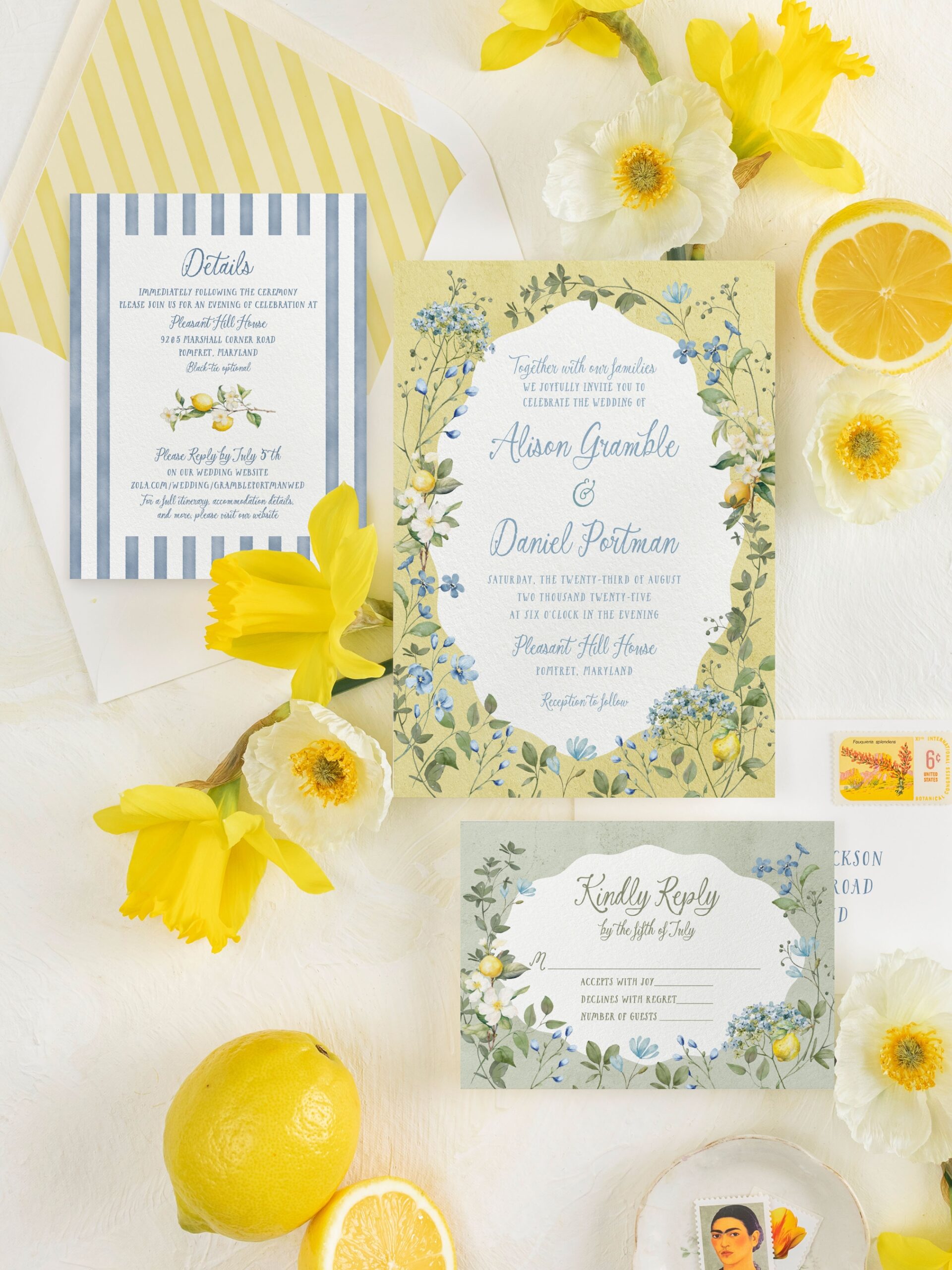 Flatlay of La Dolce Vita lemon floral wedding invitation suite with RSVP card, details card, striped envelope liner, and bright yellow daffodils styled with fresh lemons.