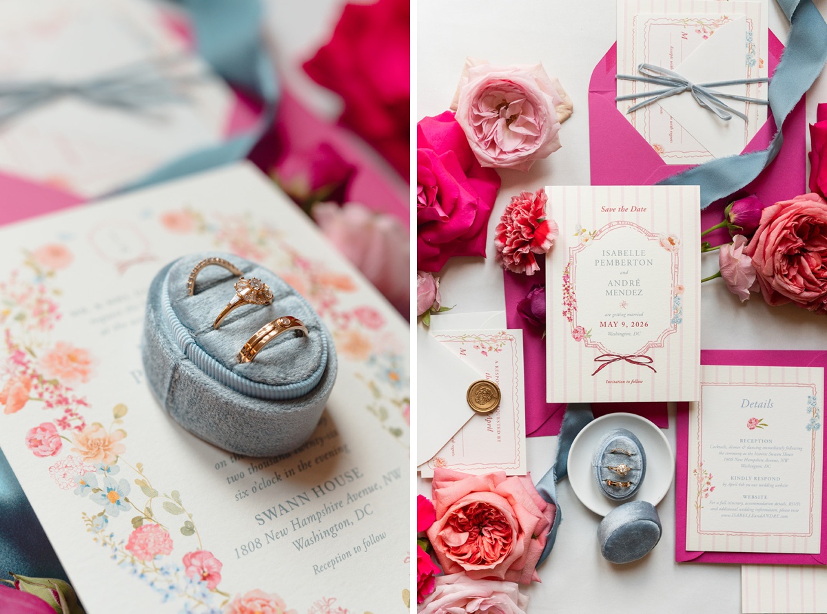 Dusty blue velvet ring case on a floral wedding invitation