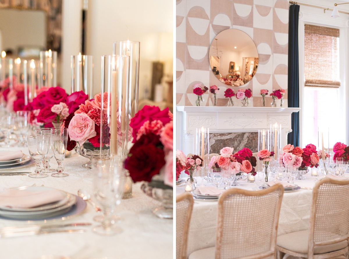 Table with ivory taper candles and pink roses for a Swann House wedding