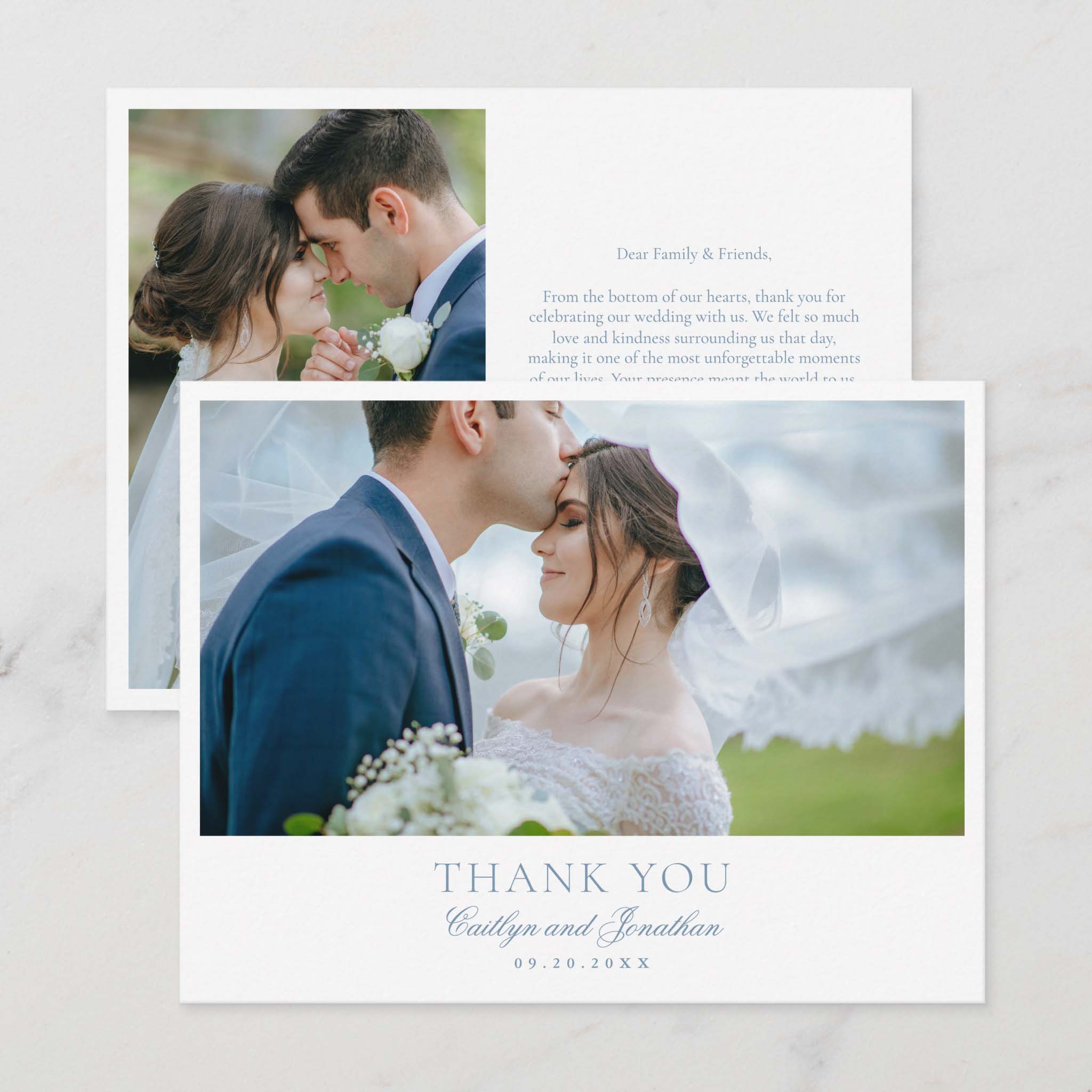 Horizontal wedding photo thank you card with couple portraits on front and printed thank you message on the back in soft blue script.