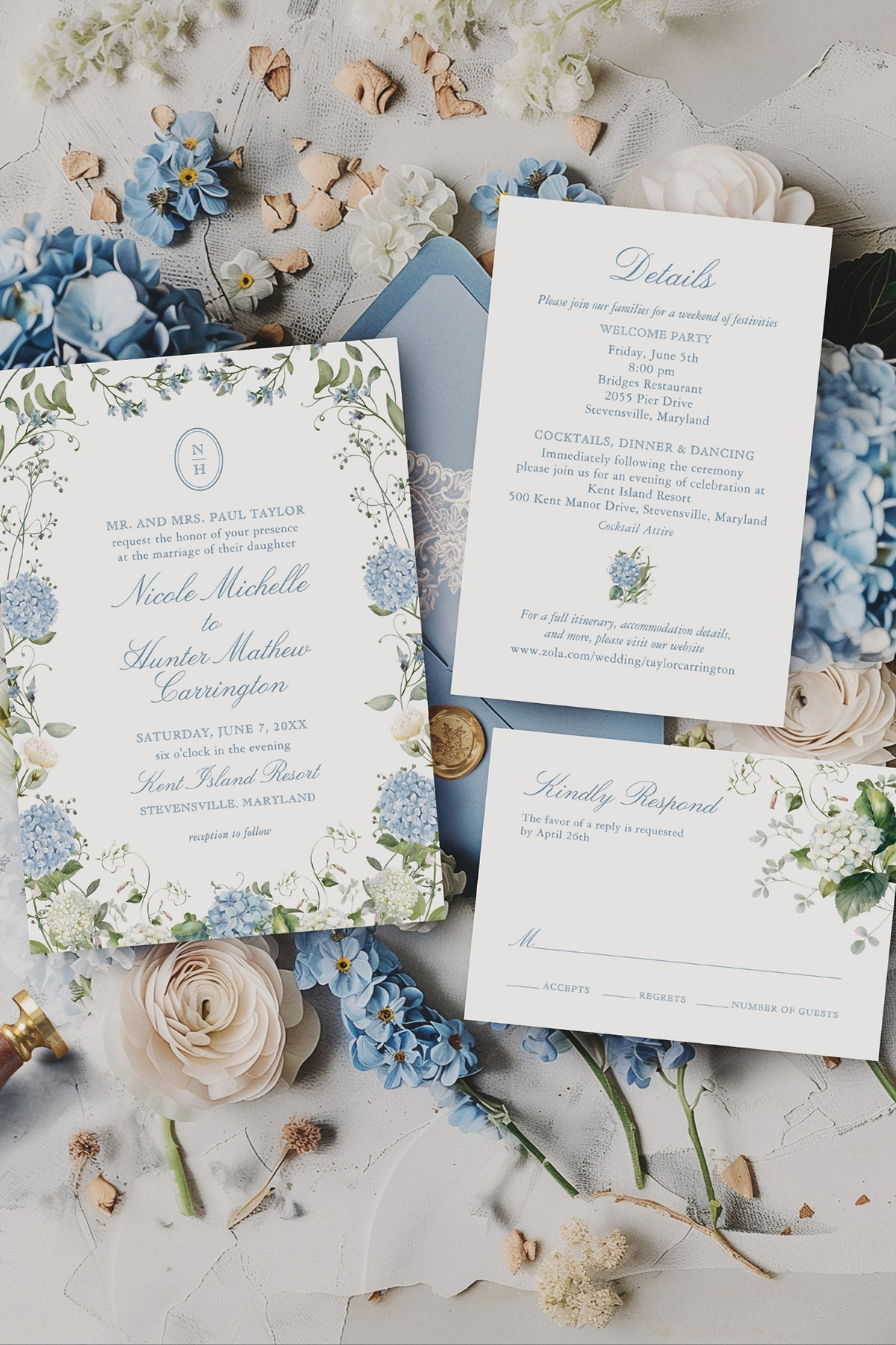 Blue hydrangea wedding suite with watercolor floral invitation, details card, RSVP card, and soft blue envelope styling for a romantic garden wedding.
