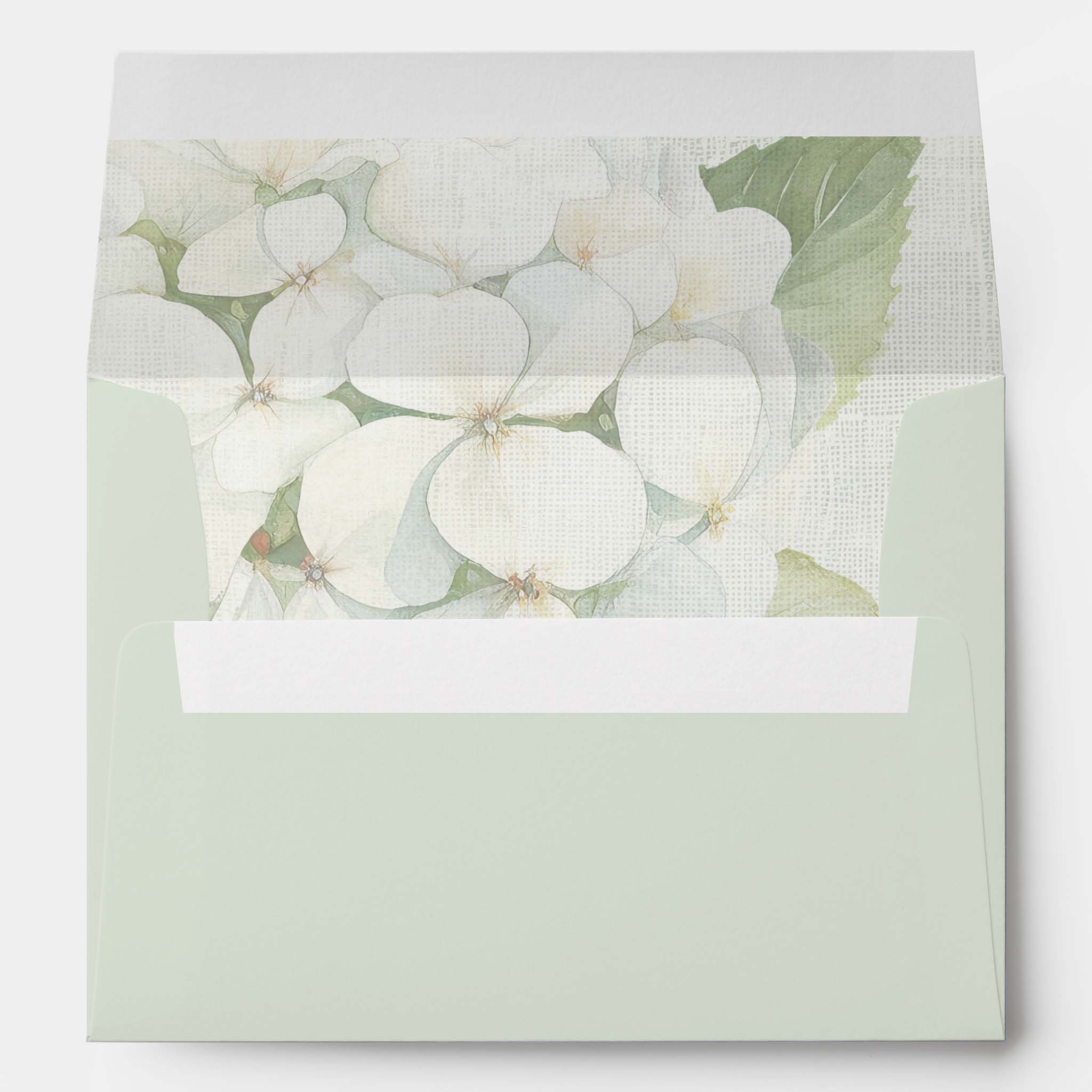 Sage green wedding invitation envelope with white hydrangea floral liner for romantic garden or spring wedding invitations.
